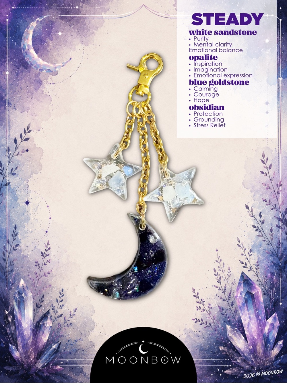 Moonbow STEADY Charm - Blue Goldetone, Obsidian, White Sandatone, Opalite